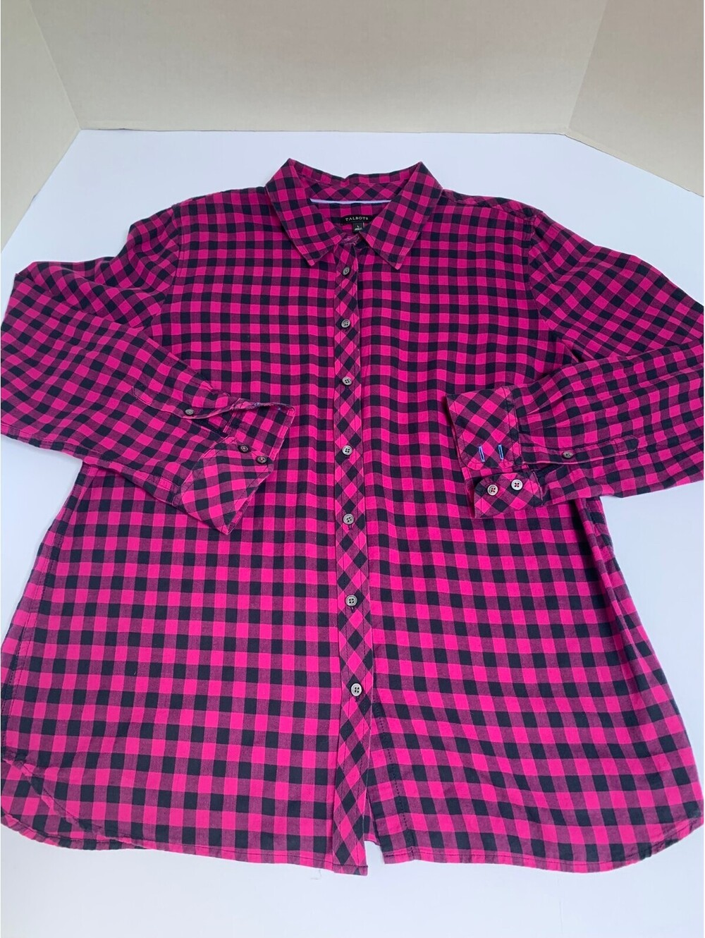 Talbots Button Down Shirt Top Fuschia and Black Checkered Plaid Size Large